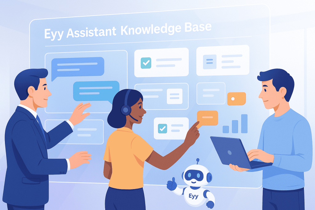  三名团队成员和一个名为 Eyy 的小机器人在一块写有“Eyy Assistant Knowledge Base”的虚拟屏幕前协作。一位戴着耳机的女士正在指着屏幕上的内容，旁边两位男士在讨论，其中一人拿着笔记本电脑。