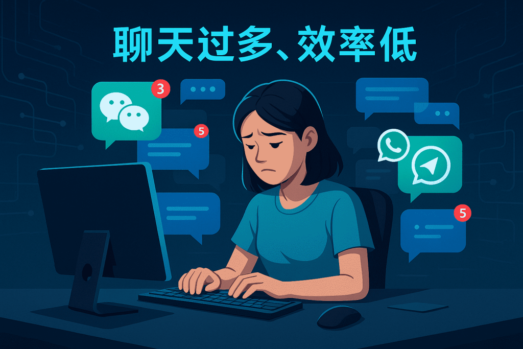一位电商客服在未来感的科技界面中处理海量消息气泡(微信、QQ、WhatsApp、Telegram 等),使用易歪歪工具统一收件箱,提高聊天效率。