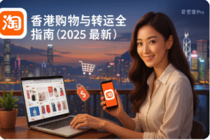 夜景下的香港天际线与正在淘宝购物的女生，画面含淘宝标识与“易歪歪Pro”角标，主题为《香港购物与转运全指南（2025 最新）》封面图