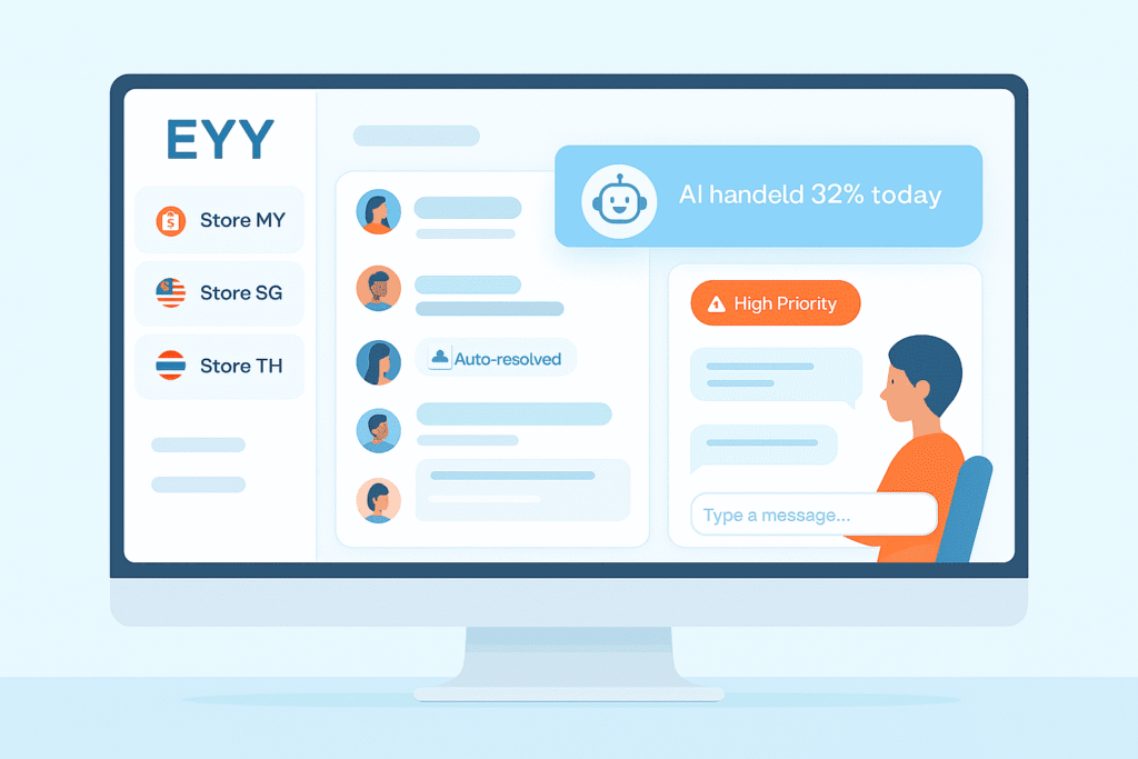 Shopee卖家面临多店铺聊聊管理混乱、回复率压力大等客服痛点。