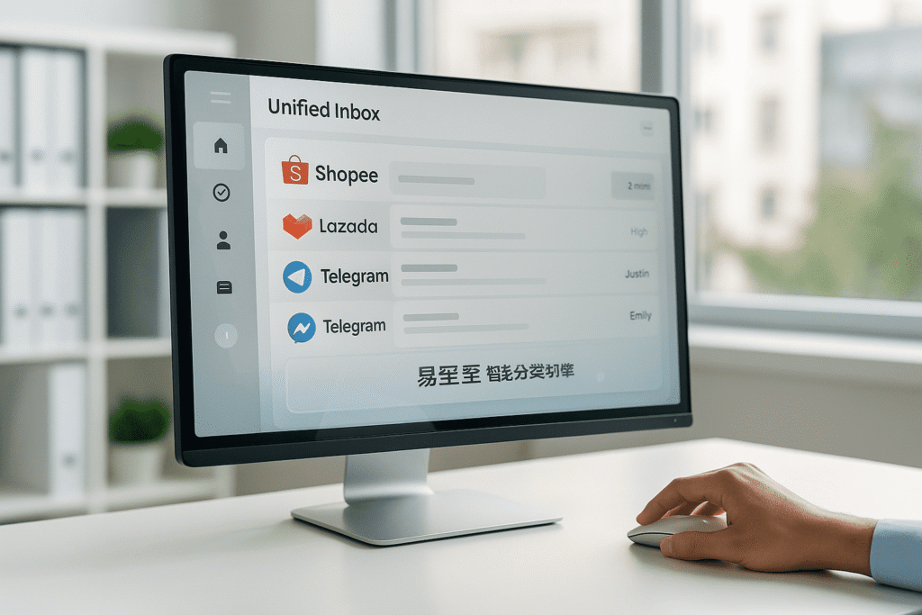 易歪歪整洁有序的仪表板界面,展示了一个整合了Shopee、Lazada和Telegram消息的统一收件箱,体现了高效的跨平台聊天管理。