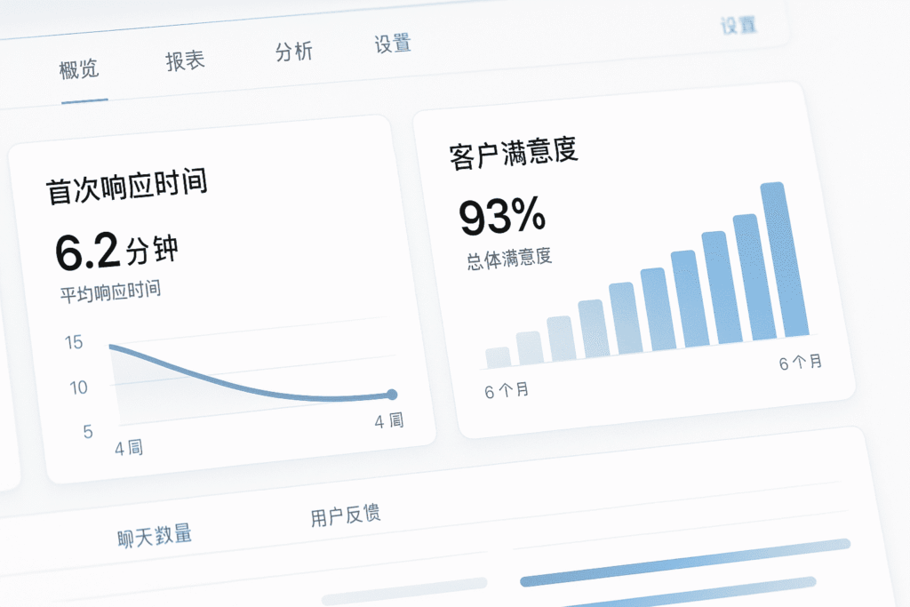易歪歪客服绩效数据分析仪表板的特写,显示了关于首次响应时间和客户满意度等指标的图表,呈现积极的增长趋势。