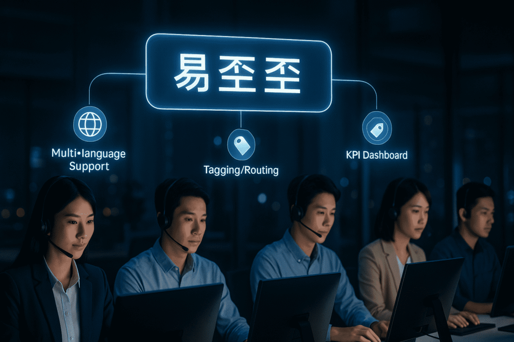 一个现代化的客服办公室中，多位客服人员正在电脑前工作，他们面前悬浮着一个发光的“易歪歪”全息界面，界面上显示着“KPI DASHBOARD”图表以及代表多语言、标签分流和合规的图标，象征着高效的多语言本地化客服管理。