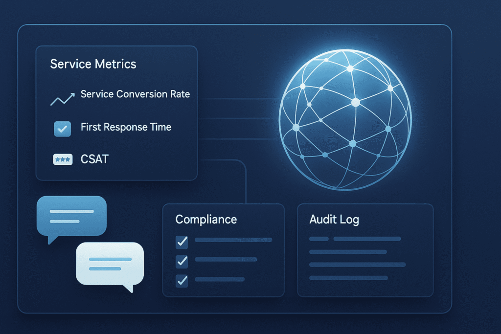 易歪歪客服SOP與合規管理儀表板,顯示質檢數據、審計日誌和風控指標,象徵標準化流程