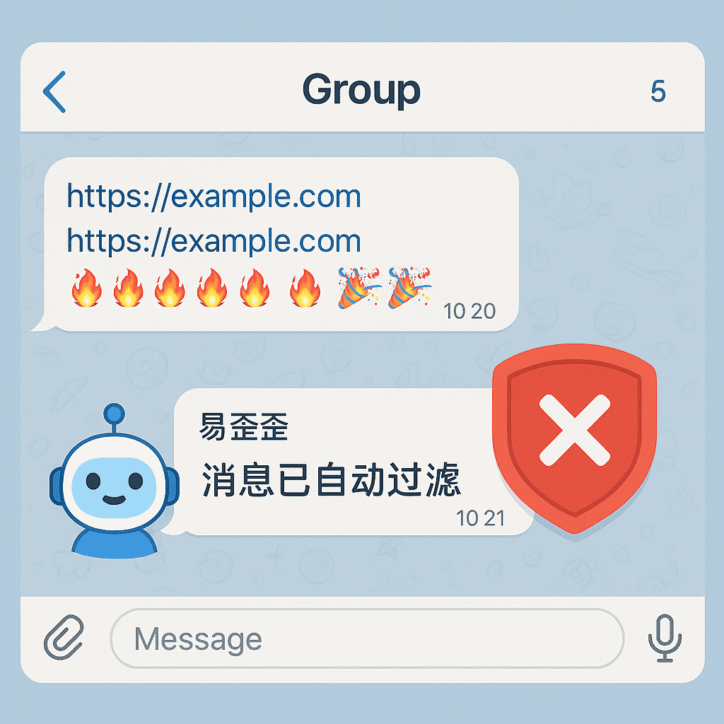 易歪歪聊天助手在Telegram群聊中自动拦截并删除垃圾广告消息的界面演示。