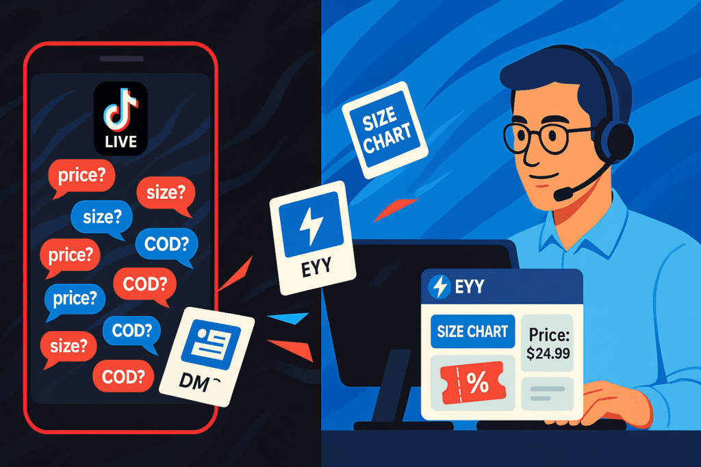 "一张插画对比了 TikTok 直播的混乱与 EYY 客服的有序:左侧是疯狂滚动的直播评论,右侧是客服使用 EYY 一键发送图文卡片和快捷回复,高效处理所有提问。"  TikTok 直播快捷回复