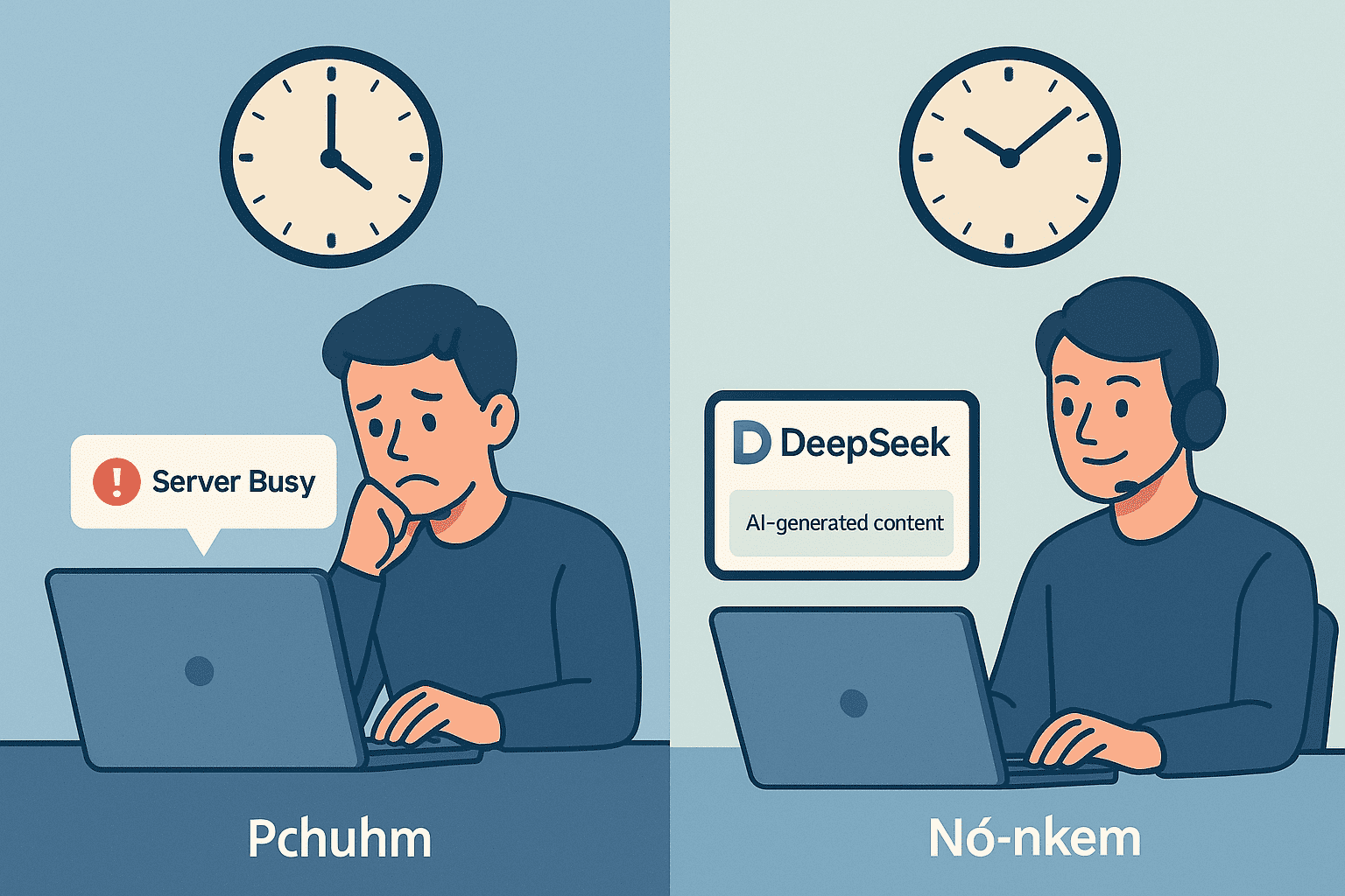 一张示意图对比了AI使用高峰时段与错峰使用的区别：一名用户在下午时段因“服务器繁忙”    
而受阻，但在非高峰时段则能顺利使用DeepSeek。