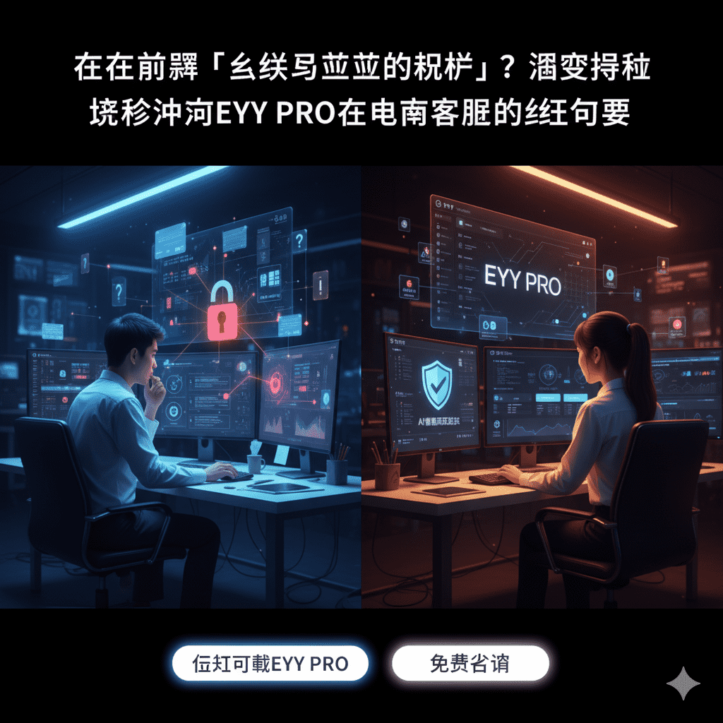 "客服人员在选择不同客服软件的场景,左侧用户对通用工具感到困惑,右侧用户通过 EYY PRO 软件高效工作,屏幕上显示 EYY PRO Logo、风控技术和数据分析界面。对比强调 EYY PRO 是电商客服的终极解决方案。"