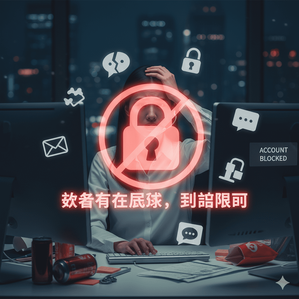 "一位客服人员面对电脑,屏幕上显示一个巨大的红色禁止锁头图标和 'ACCOUNT BLOCKED' 字样,周围是破碎的聊天气泡和锁形图标,暗示因使用劣质或不安全的工具而导致账号被封禁或遇到运营风险。"
