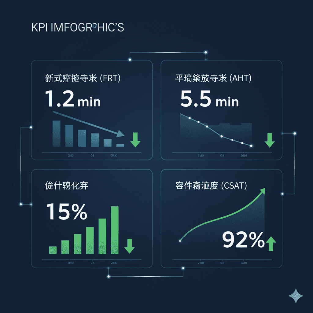 一张简洁的信息图，展示了首次响应时长、催付转化率和客户满意度等关键客服 KPI 指标的优化趋势。