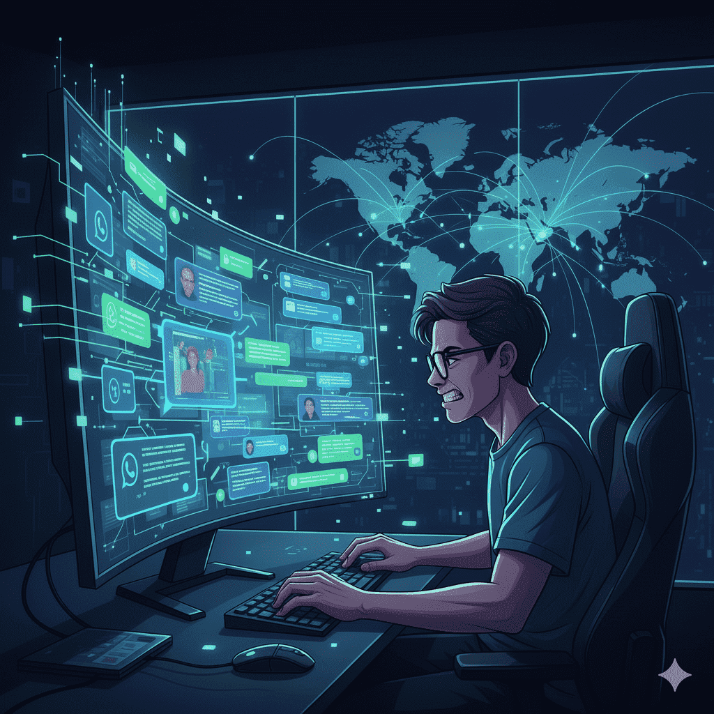 一张客服人员在电脑前处理大量 WhatsApp 消息的动感图片，象征跨境电商客服在高压下的工作状态。