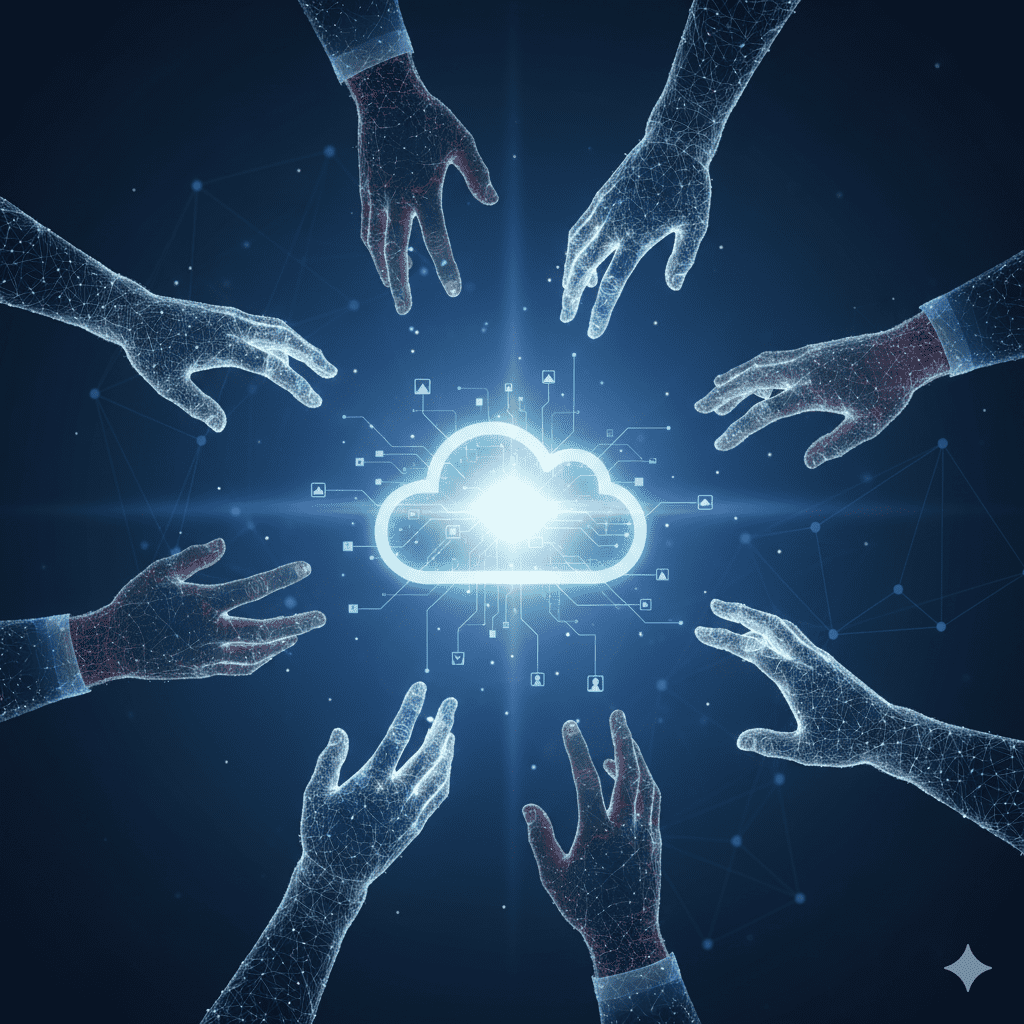 一张抽象概念图，描绘了多只手共同指向一个云端图标，象征易歪歪团队话术的云端同步和高效协作。