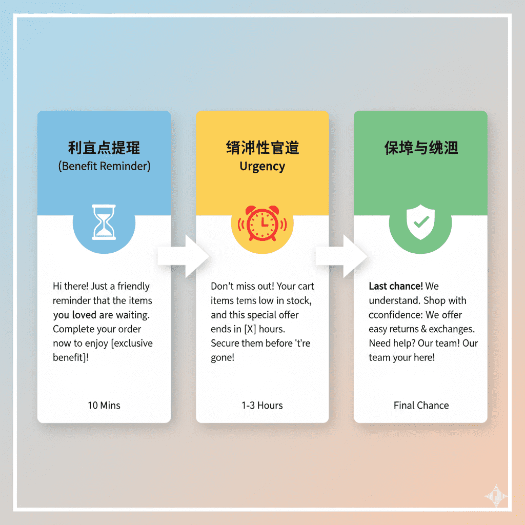 一个视觉吸引力的信息图表,展示了三阶段支付提醒流程:第一阶段是“利益点提醒”(10分钟),第二阶段是“紧迫性营造”(1-3小时),第三阶段是“保障与挽回”(最终阶段),通过图标和简洁文字清晰呈现每个阶段的目标和内容。