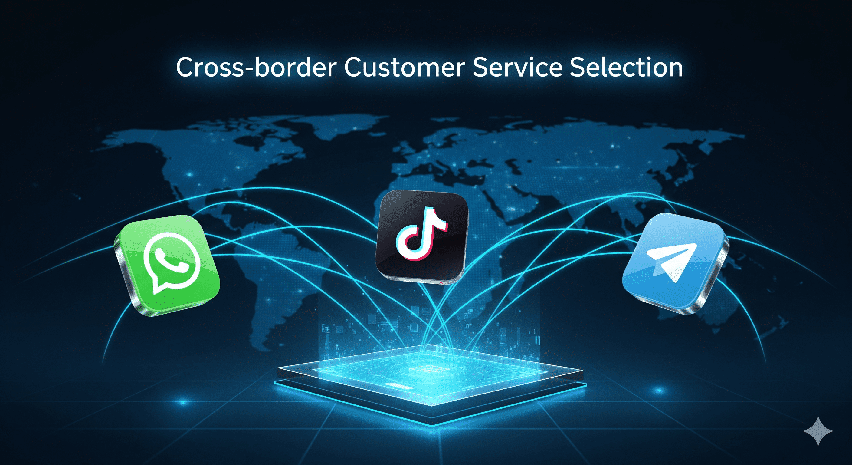 易歪歪跨境攻略文章封面：科技感全球地图背景，展示统一客服中心连接 WhatsApp、TikTok 与 Telegram 三大主流出海平台的概念。