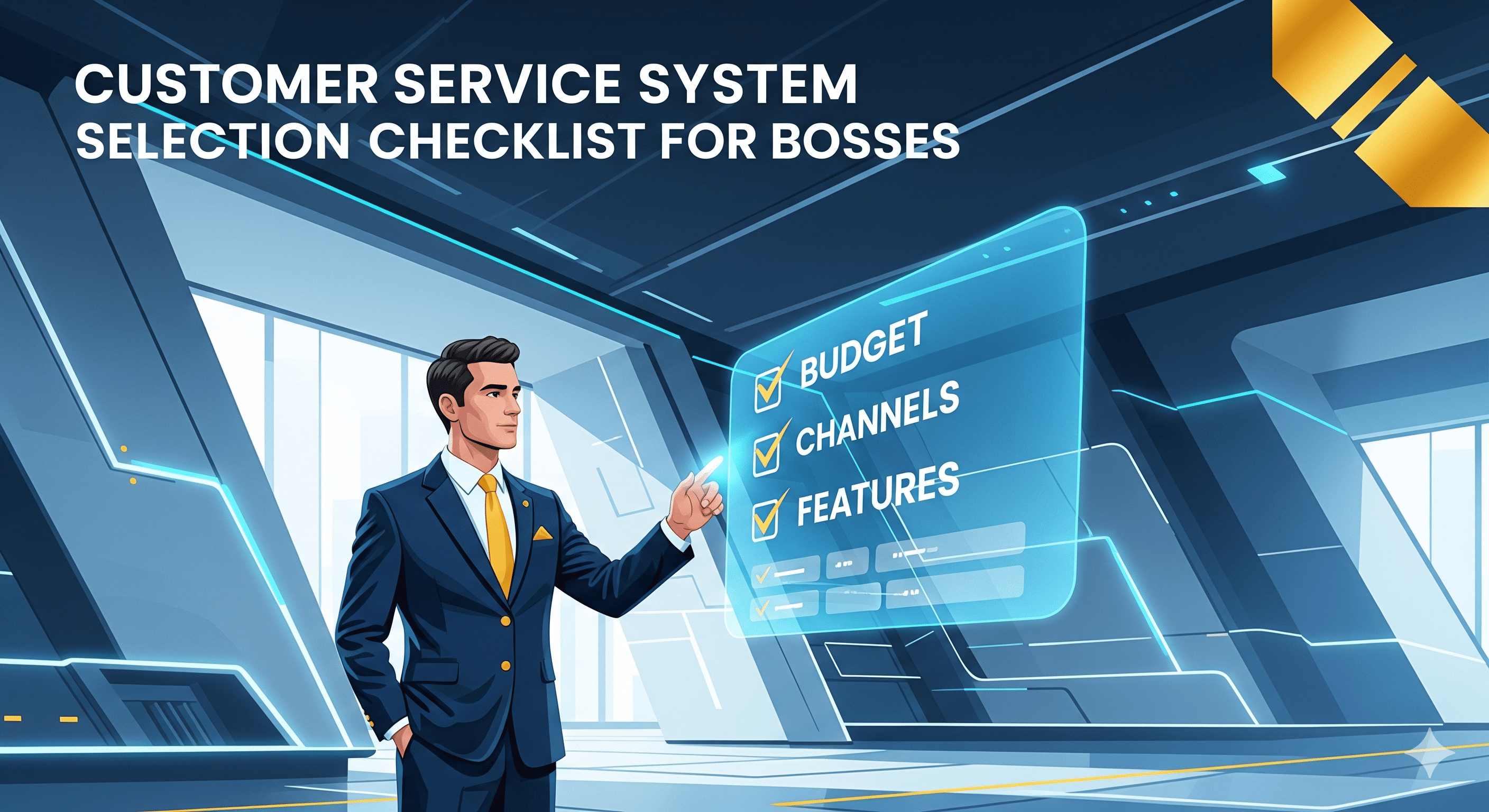 易歪歪老板专属客服系统选型清单封面图：展示商务高管使用全息检查表进行决策，涵盖预算、渠道及功能筛选维度。