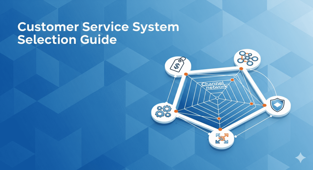 易歪歪选型指南文章封面:展示价格、渠道、功能、扩展与稳定性5个关键维度的雷达图模型,帮助中小企业选择合适的在线客服系统。