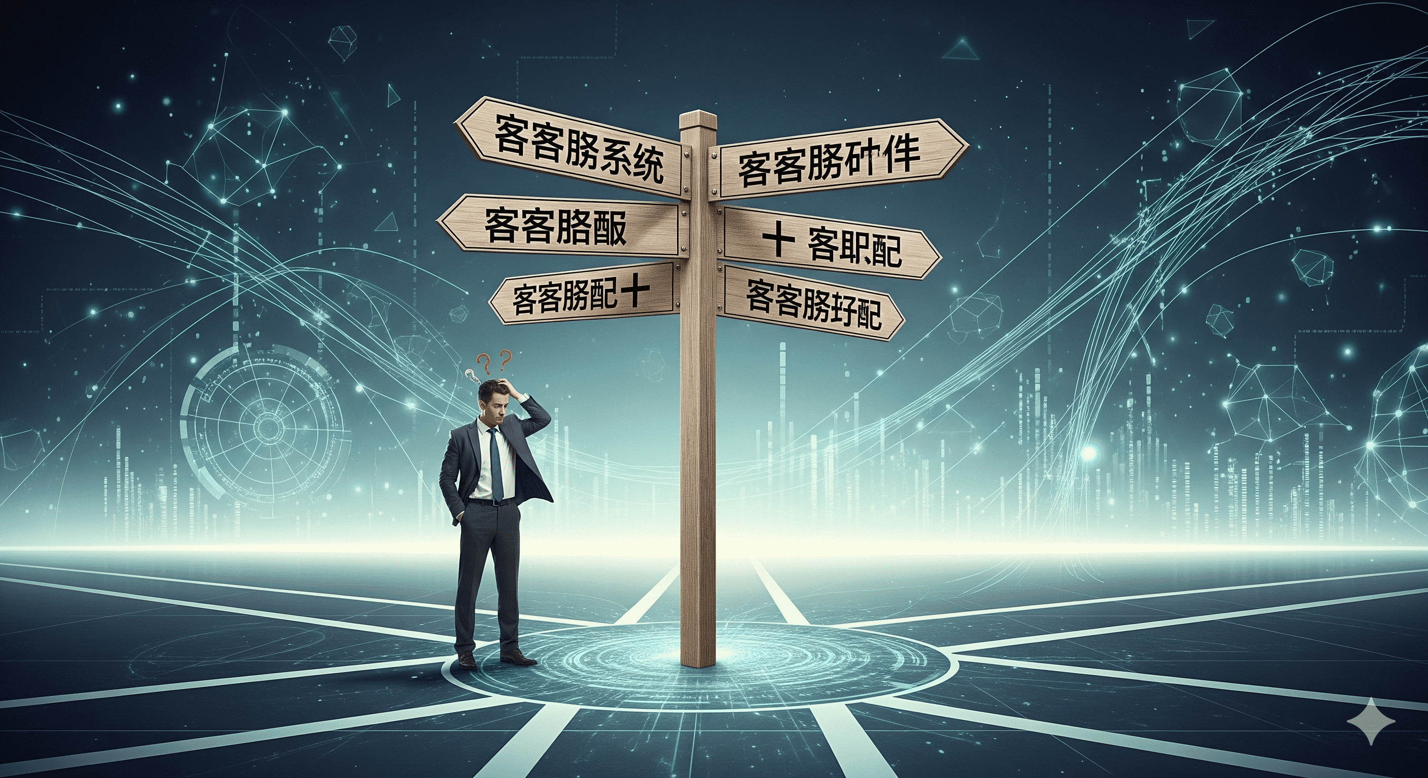 一名商务人士面对写着“客服系统”、“客服软件”、“客服机器人”的路标感到困惑，不知道该如何选择适合的工具。