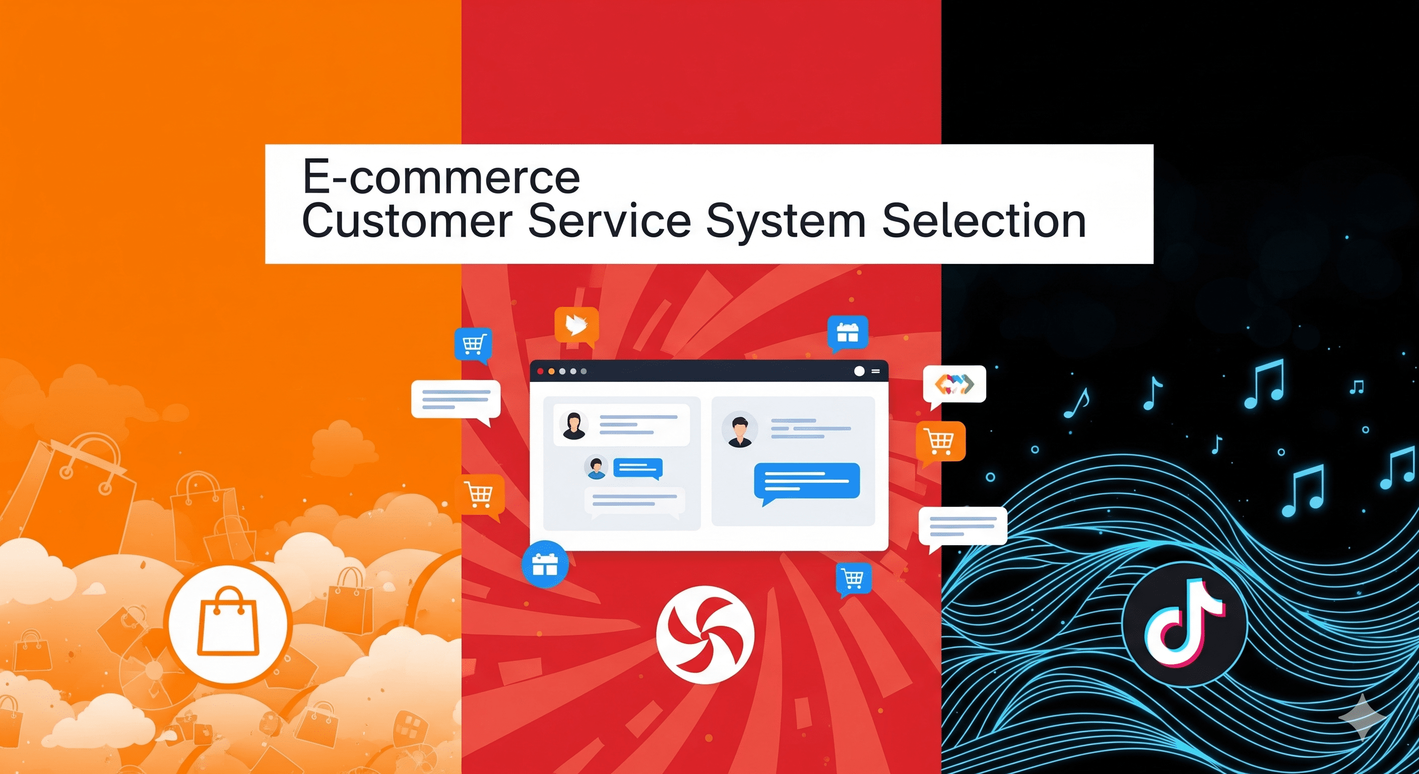 易歪歪电商客服选型封面图:展示淘宝、拼多多、抖店三大平台的分区风格,以及中心化的统一客服管理界面。