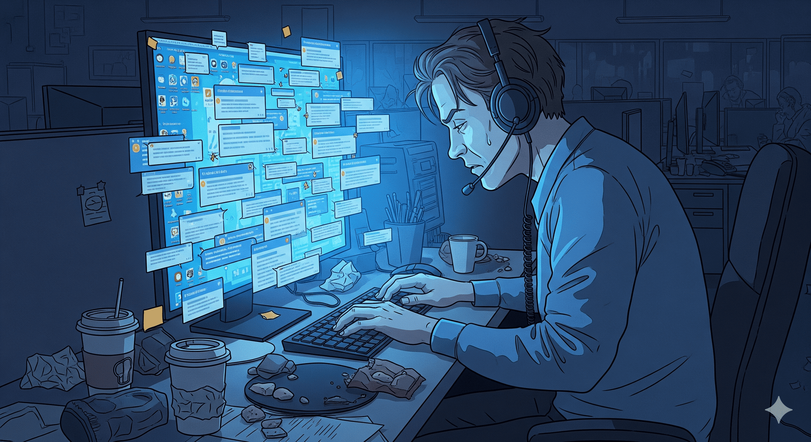 没有客服系统时，客服人员面对电脑上混乱的多个QQ和微信聊天窗口感到压力巨大。