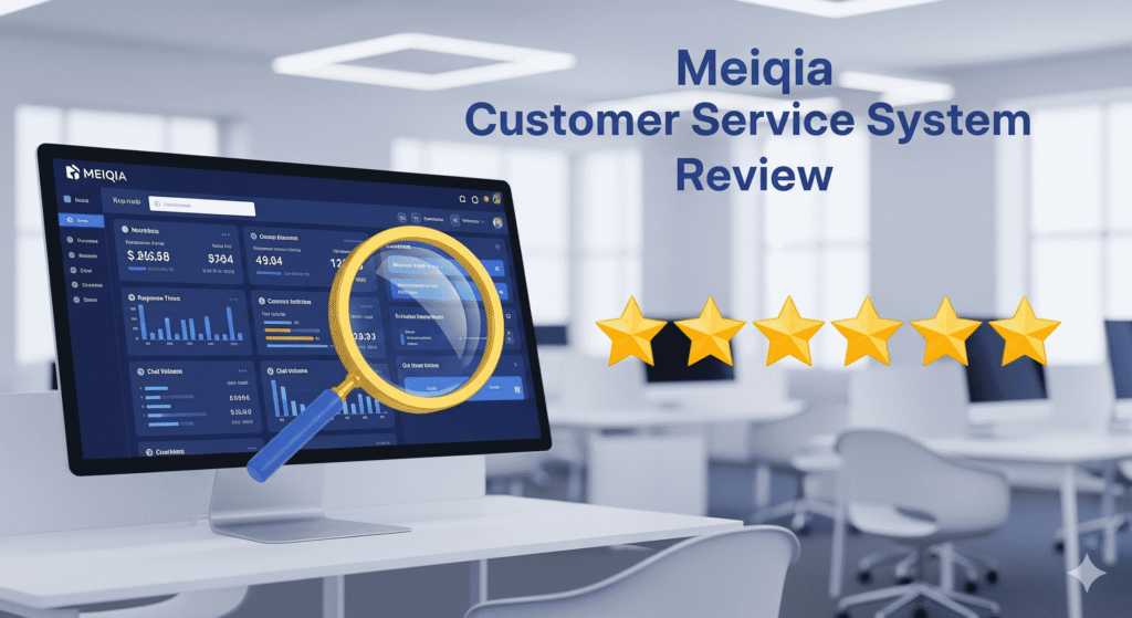 易歪歪美洽评测文章封面图:展示美洽客服系统数据仪表盘、放大镜分析细节及五星好评,深度解析美洽功能、价格与适用场景。