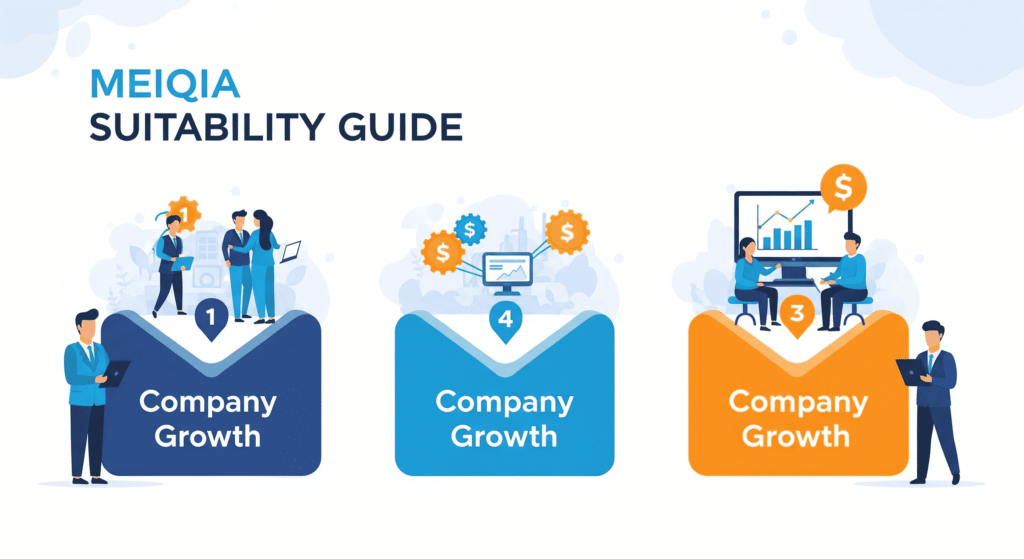 易歪歪选型建议封面图:展示不同规模客服团队(初创、成长、成熟期)对美洽客服系统的适用性匹配度,帮助企业主快速决策。