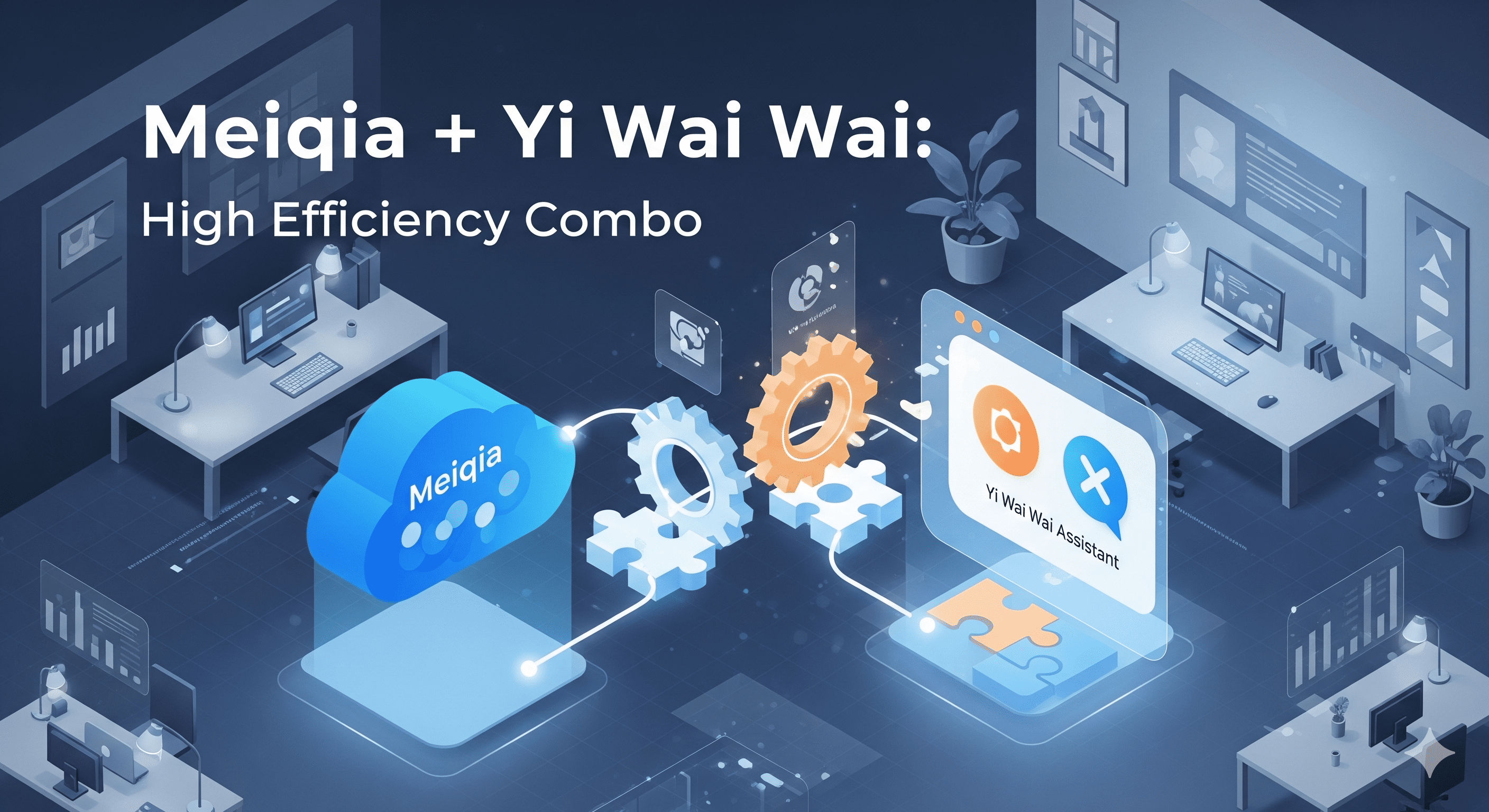 易歪歪搭配美洽高效组合封面图：展示美洽云系统与易歪歪桌面助手的无缝集成，象征客服效率的提升。