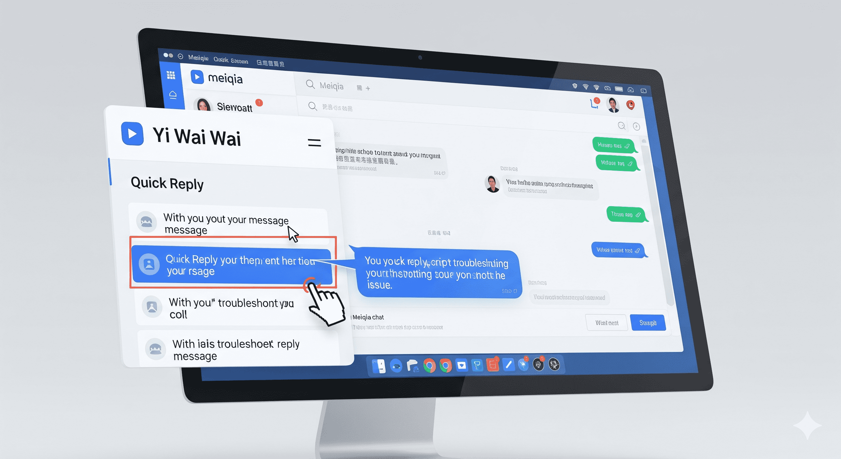 美洽客服系统与易歪歪聊天助手搭配使用界面:展示易歪歪悬浮窗吸附在美洽右侧,客服点击话术即可快速发送,弥补系统自带快捷回复的不足。