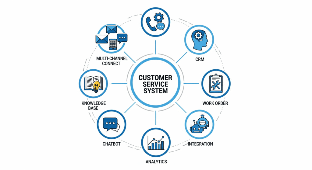 一张扁平化信息图，展示了在线客服系统的 7 个核心功能模块，包括多渠道接入、CRM、知识库、工单系统、机器人、数据统计及集成。