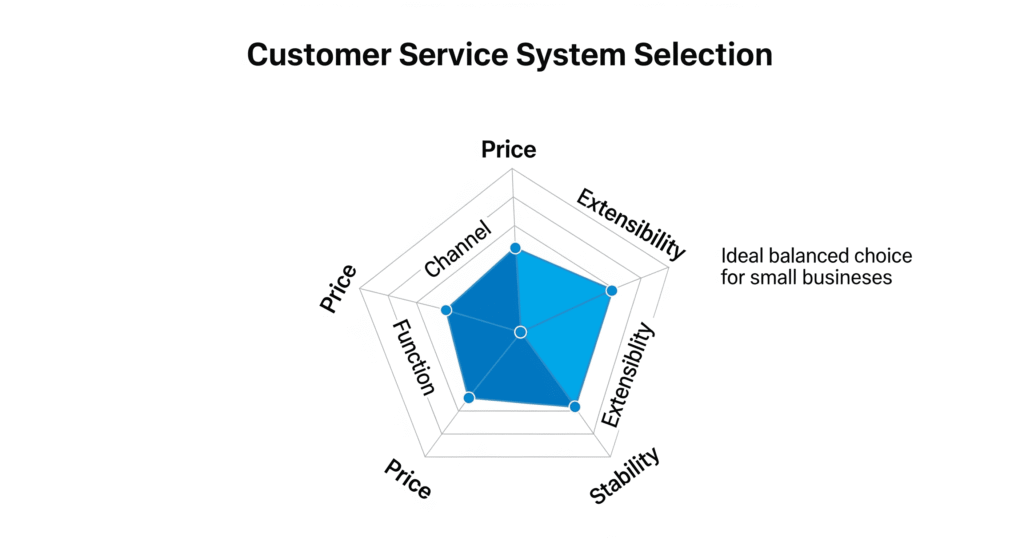 中小企业客服系统选型5大维度雷达图:展示价格、渠道、功能、扩展性与稳定性评分模型,帮助企业主做出平衡选择。