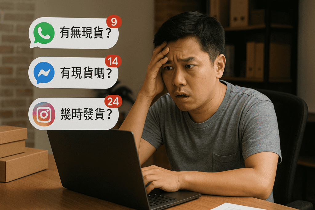 一位香港电商卖家被来自 WhatsApp、FB 和 IG 的大量重复客服消息淹没 ，凸显了效率低下的痛点。