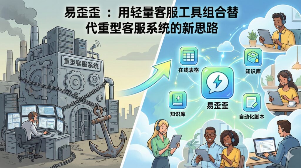 图解新旧客服体系的碰撞：左侧是臃肿的“重型客服系统”，右侧是以“易歪歪”为代表的灵活高效的“轻量级工具组合”新范式。